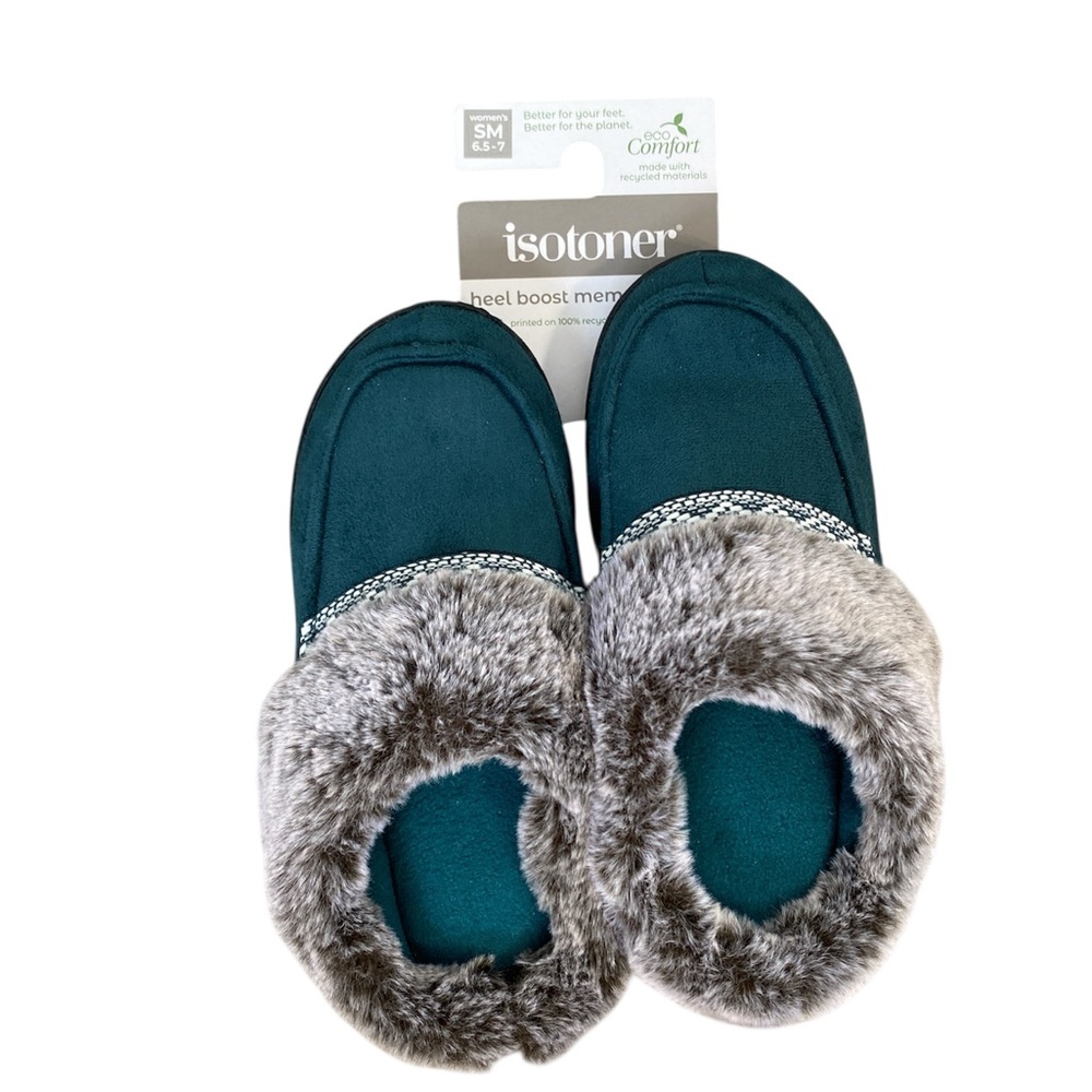 Isotoner Women's Heel Boost Memory Foam Hard Bottom Slippers Teal Faux Fur 6.5-7
